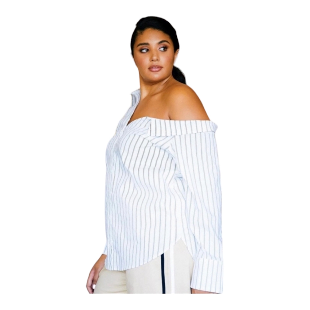 SONCY Sleeve It Be Off Shoulder White Stripe Button Down Size 18W NWT